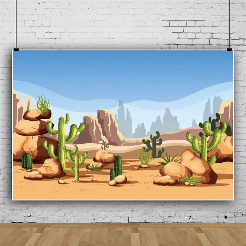 Leowefowa 7x5ft Vinyl Cartoon Desert Cactus Backdrop Western Wild Land Saguaro Cactus Plant Wilderness Nature Yellow Stones Background Event Party Photography Decoration Portrait Photo Booth Props - Image 2